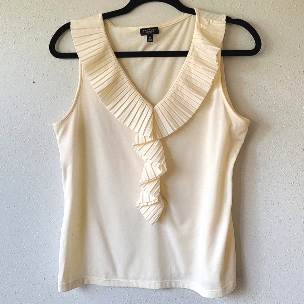 TALBOTS Cream Pleated Ruffle Tank Career Office Suit M Petite